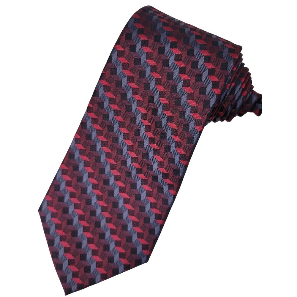 Van Heusen Silk Foulard Necktie Men's 3-D Print Burgundy Red Gray Diamond Tie